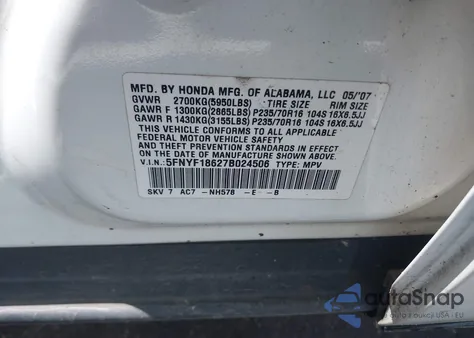 2007 Honda Pilot Ex-L from USA, damaged, VIN 5FNYF18627B024506